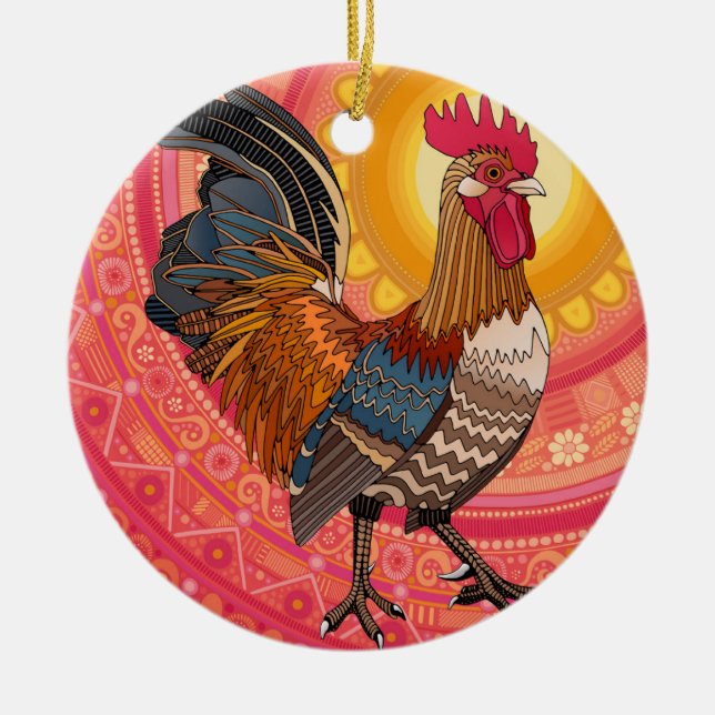 rooster sunrise pink ceramic ornament (Front)
