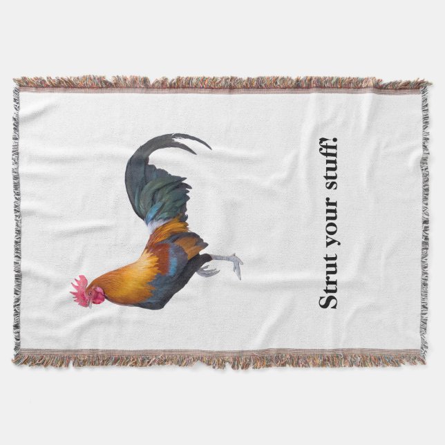Rooster throw blanket stating "Strut Your Stuff" (Front)