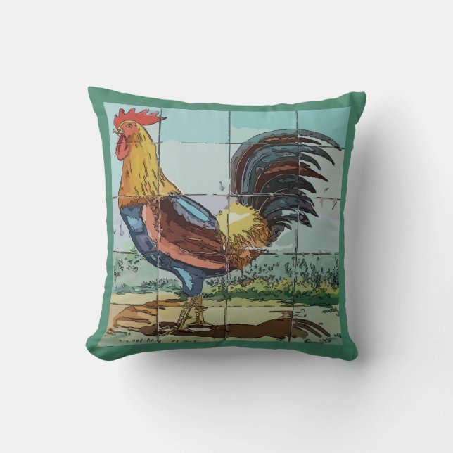 Rooster Tile Mural Throw Pillow (Front)