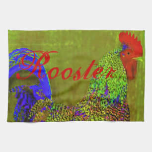 Rooster towels set of 3. Cobalt blue, red, green