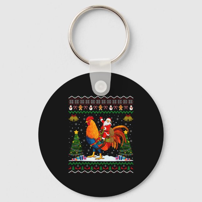 Rooster Ugly Xmas Gift Santa Riding Rooster Christ Keychain (Front)