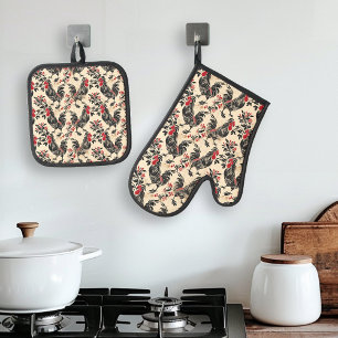 Rooster Vintage Chicken Pattern Aged Oven Mitt & Pot Holder Set