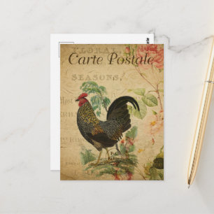 Rooster Vintage Floral French Postcard
