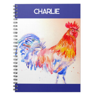 Rooster Watercolor Chicken Bird Kids Boys Notebook