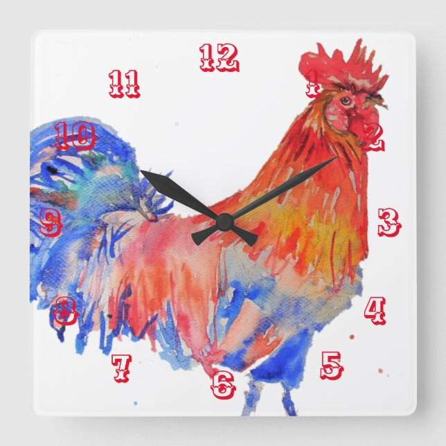 Rooster Watercolor Chicken Childrens Room Clock (Front)