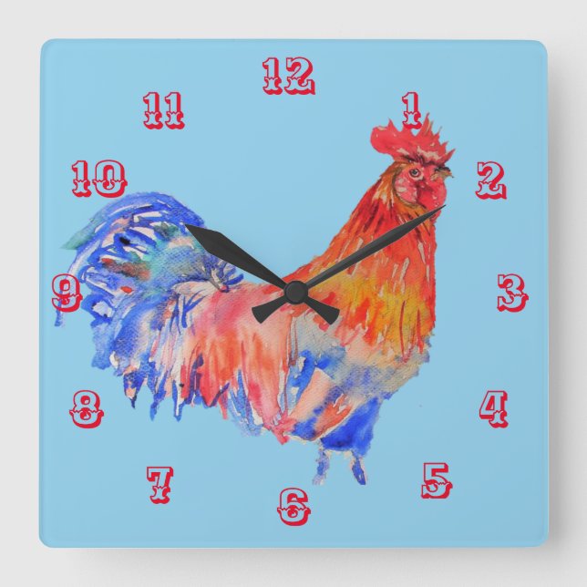 Rooster Watercolor Chicken Childrens Room Clock (Front)