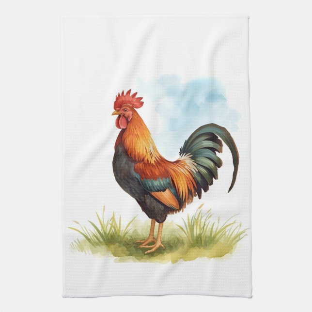 Rooster Watercolor Kitchen Towel (Vertical)