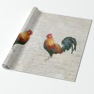 Rooster Watercolor Marble Script Vintage Decoupage Wrapping Paper