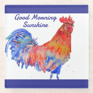 Rooster Watercolor Red Blue Chicken Sunshine Glass Coaster