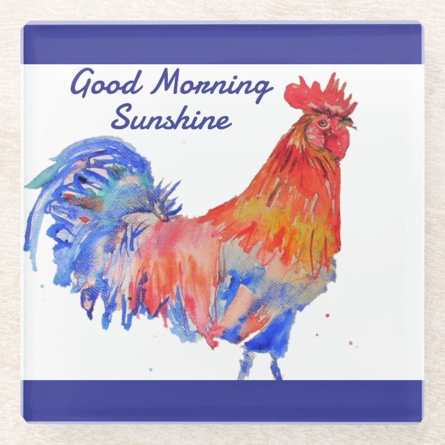 Rooster Watercolor Red Blue Chicken Sunshine Glass Coaster (Front)