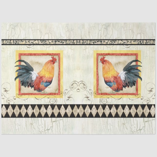Rooster Watercolor Rustic Harlequin Wood Decoupage Tissue Paper (Front)