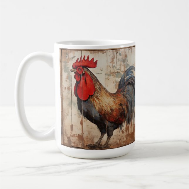 Rooster, weathered barn wood, rustic, coffee cup,  mug (Left)