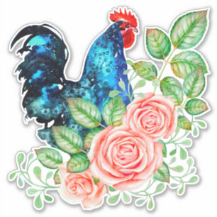 Rooster with Flowers Custom-Cut Vinyl Sticker