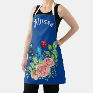 Rooster with Flowers Personalized Blue Apron