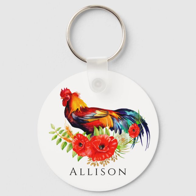 Rooster with Flowers Personalized  Keychain (Front)