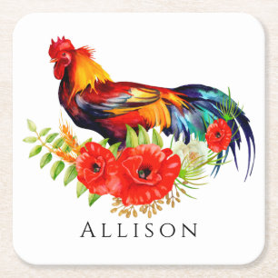 Rooster with Flowers Personalized Square Paper Coa Square Paper Coaster