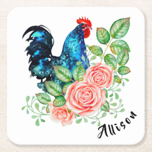 Rooster with Flowers Personalized Square Paper Coaster