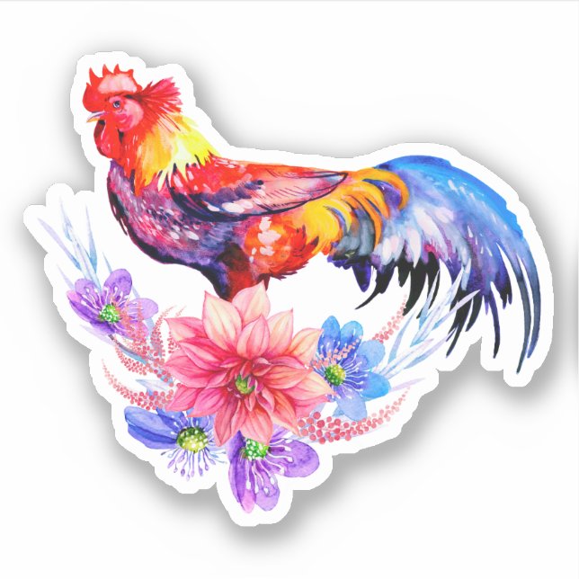 Rooster with Flowers  Sticker (Front)