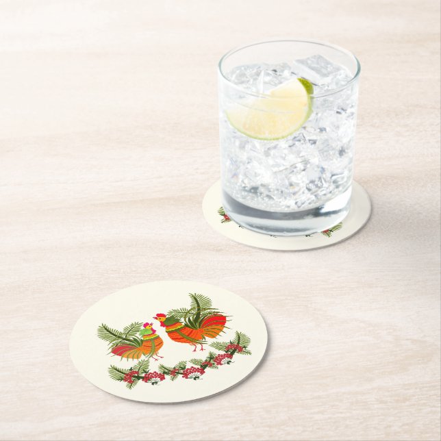 Rooster with hen round paper coaster (Insitu)