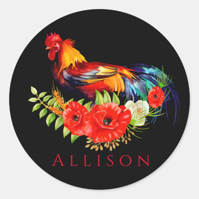 Rooster with Poppies Black Red Personalized Classic Round Sticker (Front)