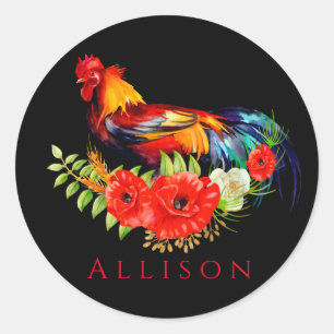 Rooster with Poppies Black Red Personalized Classic Round Sticker