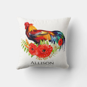 Rooster with Poppies Farmhouse Throw Pillow