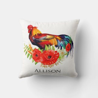 Rooster with Poppies Farmhouse Throw Pillow