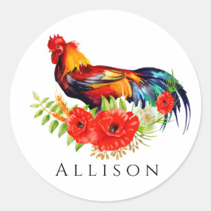 Rooster with Poppies Personalized Classic Round Sticker