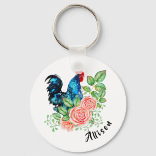 Rooster with Roses  Keychain