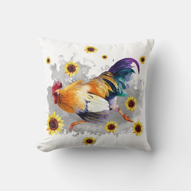 Rooster with Sunflower Watercolor Art Throw Pillow (Front)