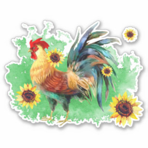 Rooster with Sunflowers Custom-Cut Vinyl Sticker