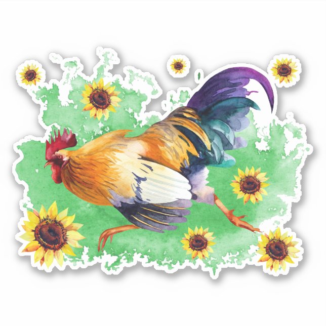 Rooster with Sunflowers Custom-Cut Vinyl Sticker (Front)