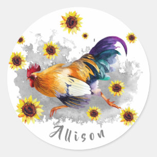 Rooster with Sunflowers Personalized Classic Round Sticker