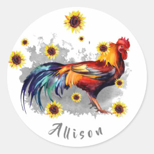 Rooster with Sunflowers Personalized Classic Round Sticker