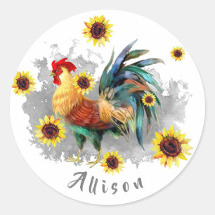 Rooster with Sunflowers Personalized Classic Round Sticker