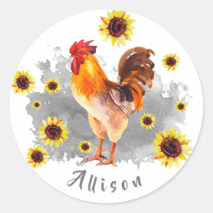 Rooster with Sunflowers Personalized Classic Round Sticker