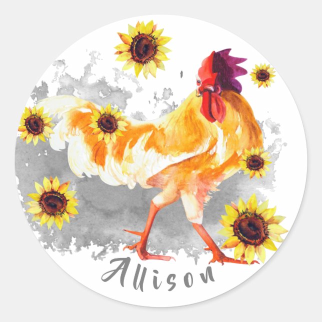 Rooster with Sunflowers Personalized Classic Round Sticker (Front)