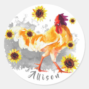Rooster with Sunflowers Personalized Classic Round Sticker