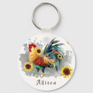 Rooster with Sunflowers Personalized Keychain
