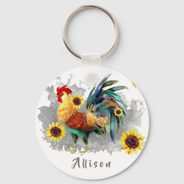 Rooster with Sunflowers Personalized Keychain (Front)