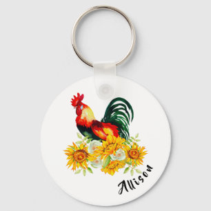 Rooster with Sunflowers Personalized  Keychain