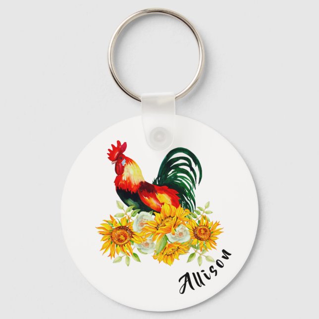 Rooster with Sunflowers Personalized  Keychain (Front)