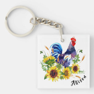 Rooster with Sunflowers Personalized  Keychain