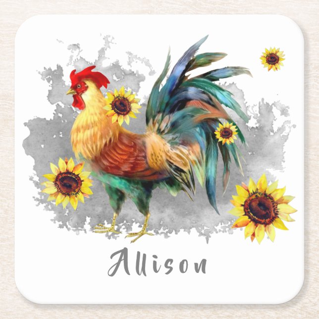 Rooster with Sunflowers Personalized Square Paper Coaster (Front)