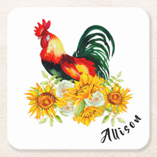 Rooster with Sunflowers Personalized Square Paper  Coaster