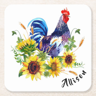 Rooster with Sunflowers Personalized Square Paper Coaster