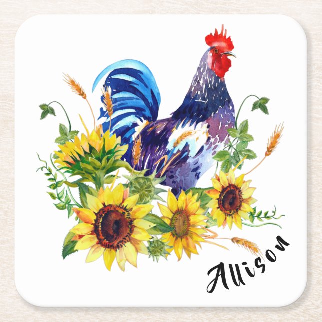 Rooster with Sunflowers Personalized Square Paper Coaster (Front)