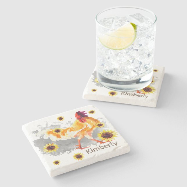 Rooster with Sunflowers Personalized  Stone Coaste Stone Coaster (Side)
