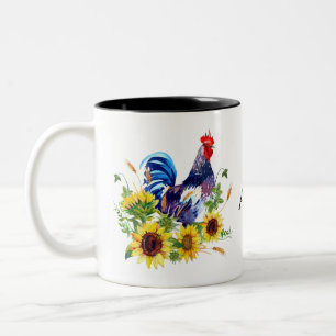 Rooster with Sunflowers Personalized Watercolor Two-Tone Coffee Mug