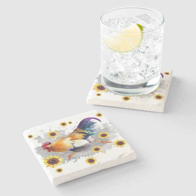 Rooster with Sunflowers Stone Coaster (Side)